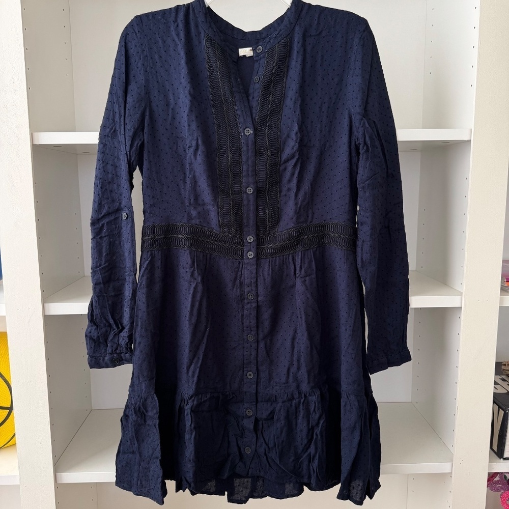SHOSHANNA Blue Dotted Button Down Peasant Dress